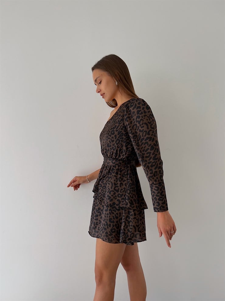 Tek Omuz Belden Kuşaklı Eteği Fırfırlı Eloisa Kadın Leopar Mini Elbise 23K000193