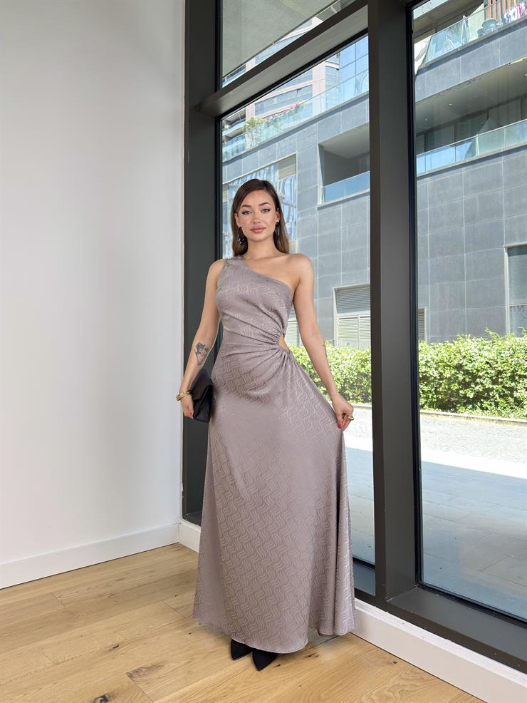 Tek omuz Beli Pencere Detaylı Darina Gri Kadın Elbise 25Y437