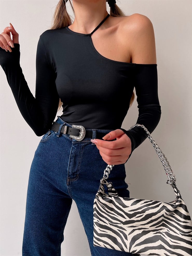 Tek Omuz Dekolteli Alondra Kadın Siyah Bluz 22K000608
