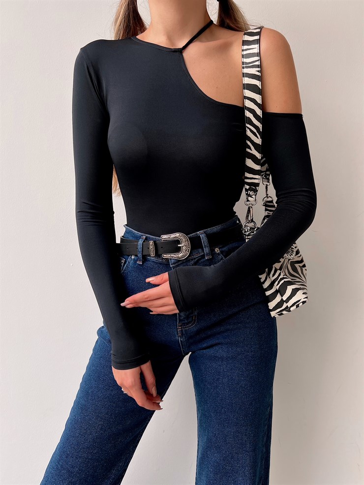 Tek Omuz Dekolteli Alondra Kadın Siyah Bluz 22K000608