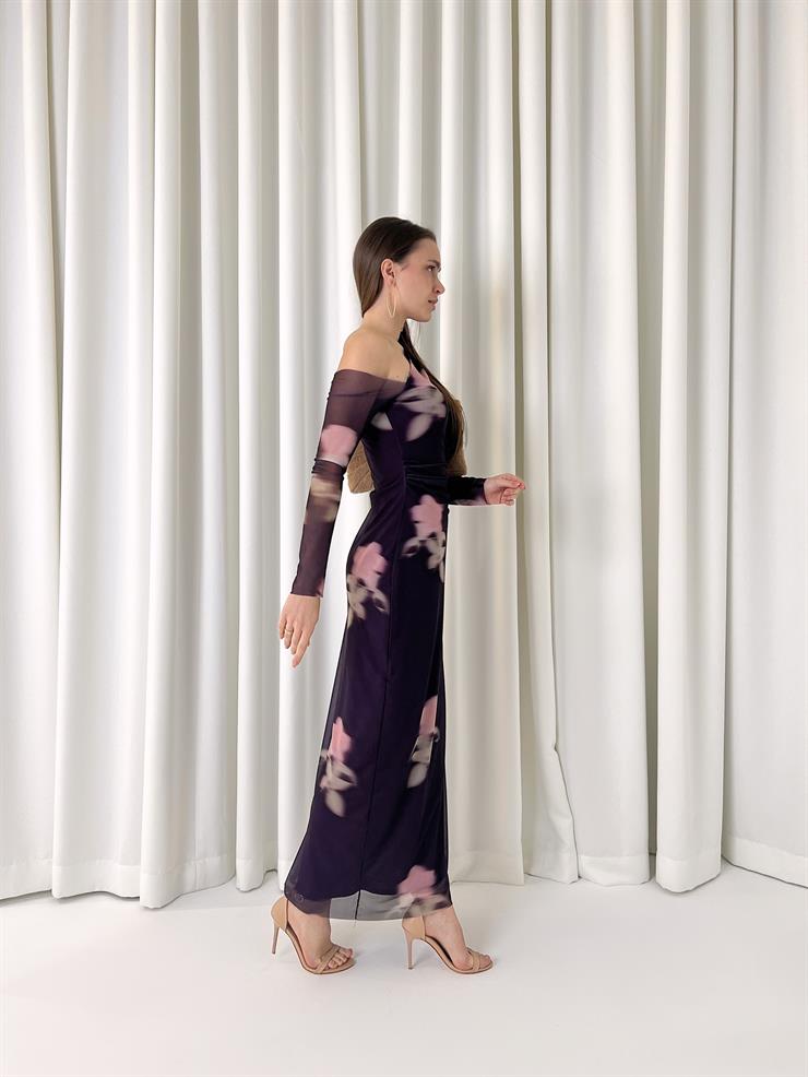 Tek Omuz Detay Yandan Yırtmaçlı Uzun Tül Kol Bert Kadın Mor Elbise 23K000446