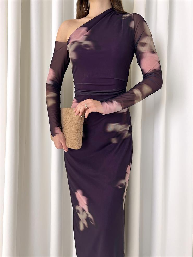 Tek Omuz Detay Yandan Yırtmaçlı Uzun Tül Kol Bert Kadın Mor Elbise 23K000446