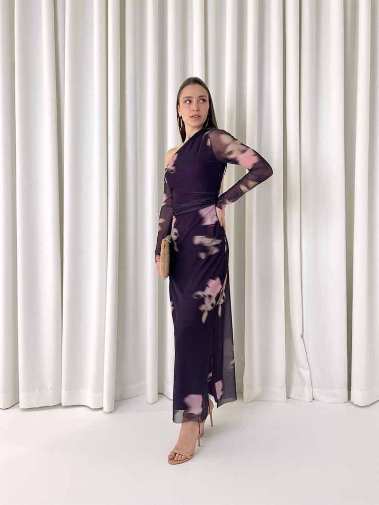 Tek Omuz Detay Yandan Yırtmaçlı Uzun Tül Kol Bert Kadın Mor Elbise 23K000446