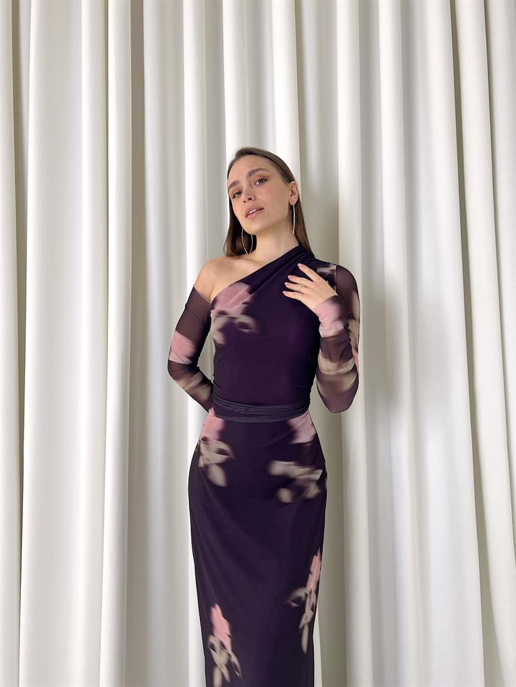 Tek Omuz Detay Yandan Yırtmaçlı Uzun Tül Kol Bert Kadın Mor Elbise 23K000446