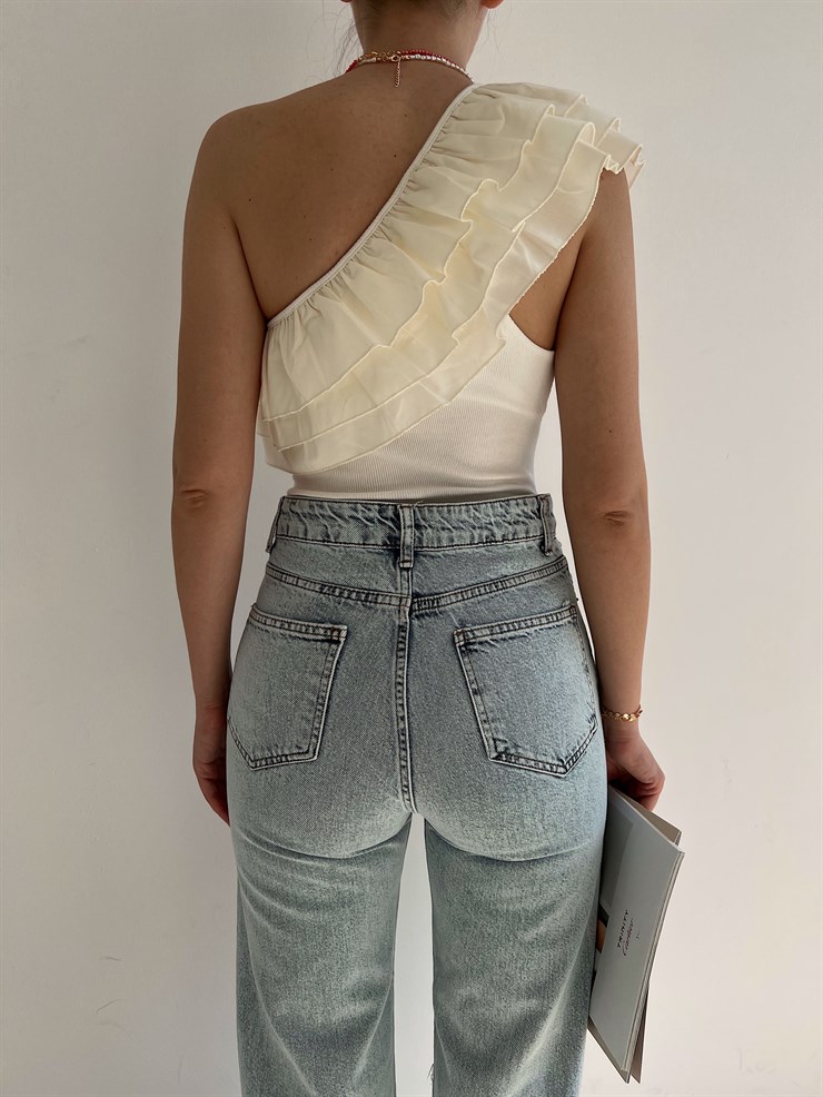 Tek Omuz Fırfırlı Yaka Joanne Kadın Ekru Bodysuit 22Y000214