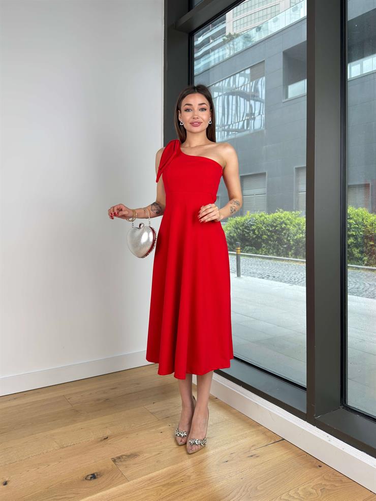 Tek Omuz Fiyonk Detaylı Belden Oturtmalı Nevren Kırmızı Kadın Elbise 25Y298