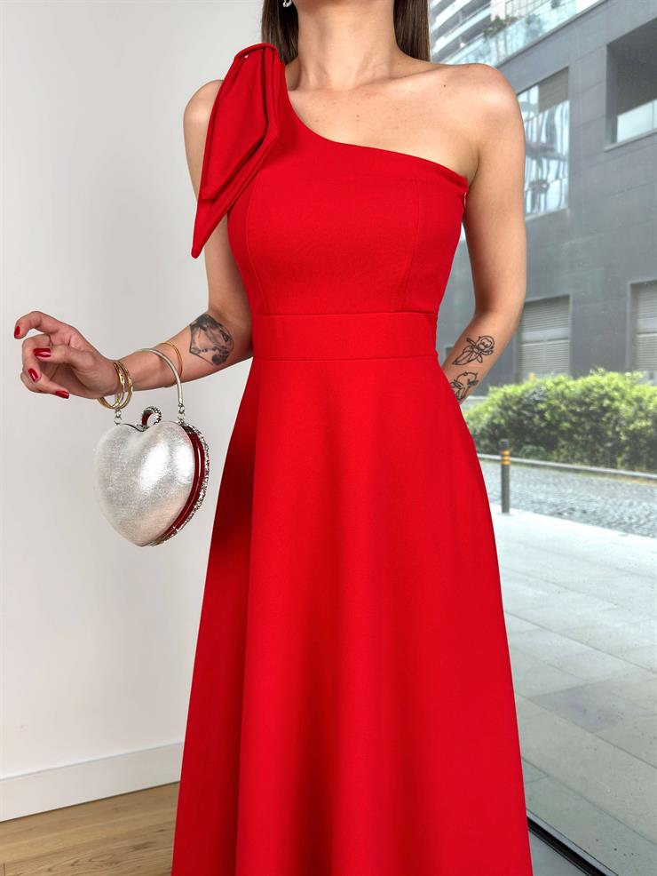 Tek Omuz Fiyonk Detaylı Belden Oturtmalı Nevren Kırmızı Kadın Elbise 25Y298