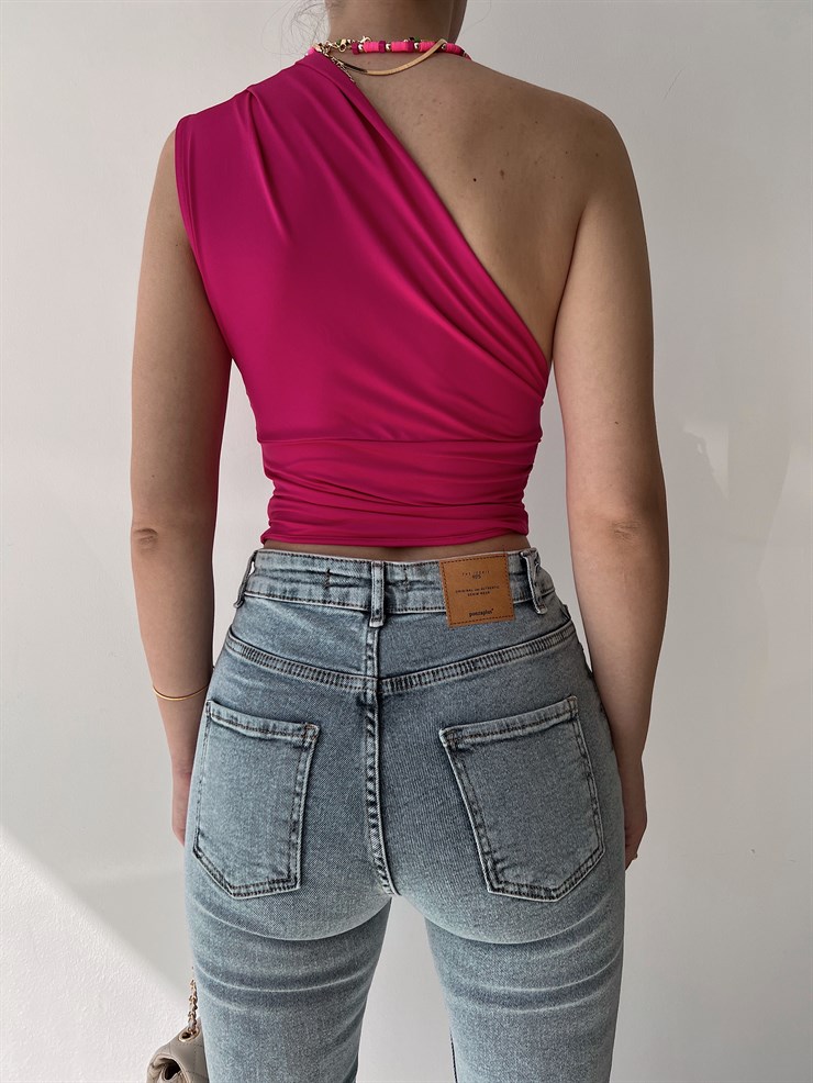 Tek Omuz Pileli Alice Kadın Fuşya Crop Bluz 22Y000213
