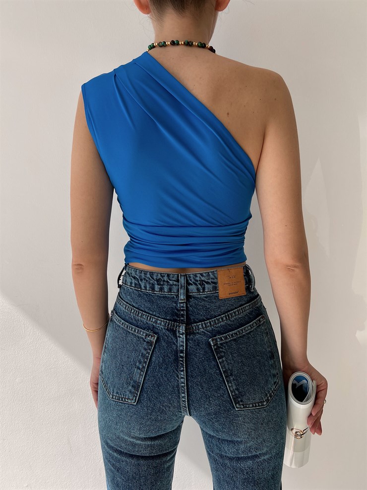 Tek Omuz Pileli Alice Kadın Saks Crop Bluz 22Y000213