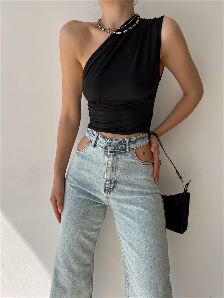 Tek Omuz Pileli Alice Kadın Siyah Crop Bluz 22Y000213