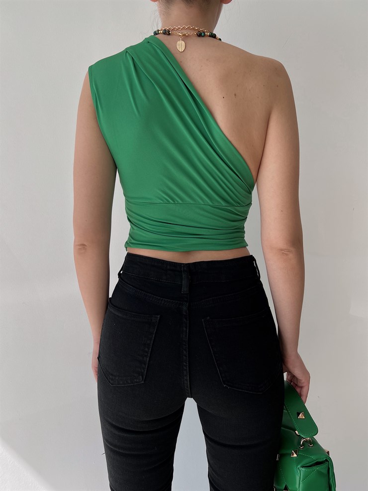 Tek Omuz Pileli Alice Kadın Yeşil Crop Bluz 22Y000213
