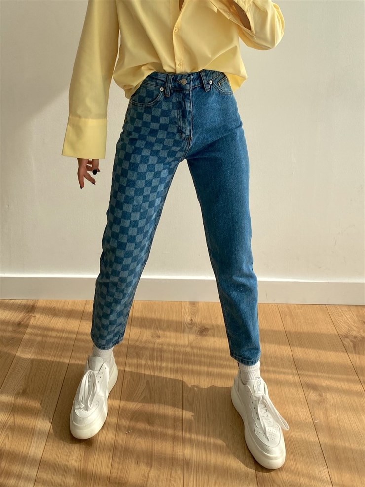 Tek Paça Kare Detay Kadın Mavi  Mom Jean 21Y000242