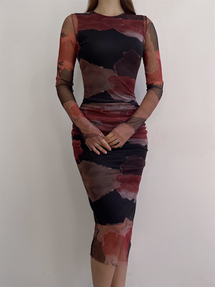 Bisiklet Yaka Uzun Tül Kol Telles Kadın Siyah Midi Elbise 23K000375