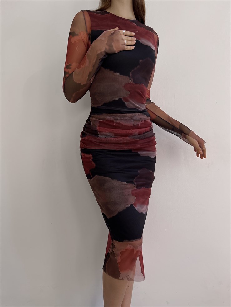 Bisiklet Yaka Uzun Tül Kol Telles Kadın Siyah Midi Elbise 23K000375