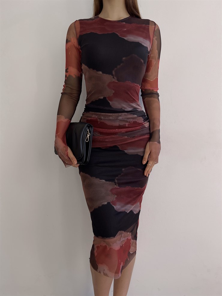 Bisiklet Yaka Uzun Tül Kol Telles Kadın Siyah Midi Elbise 23K000375