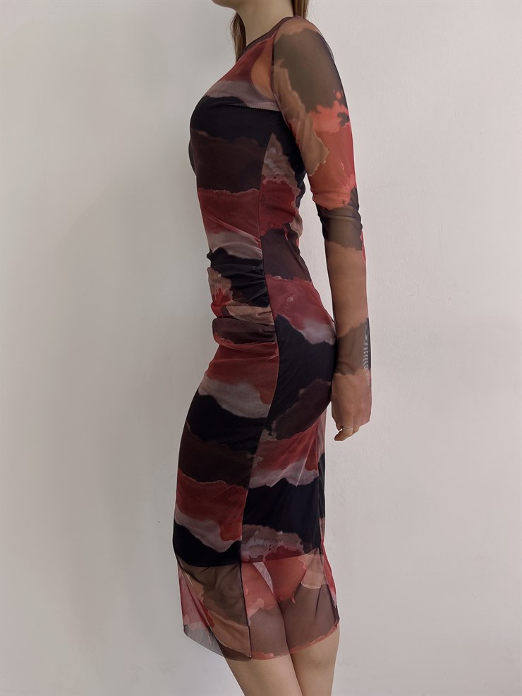 Bisiklet Yaka Uzun Tül Kol Telles Kadın Siyah Midi Elbise 23K000375