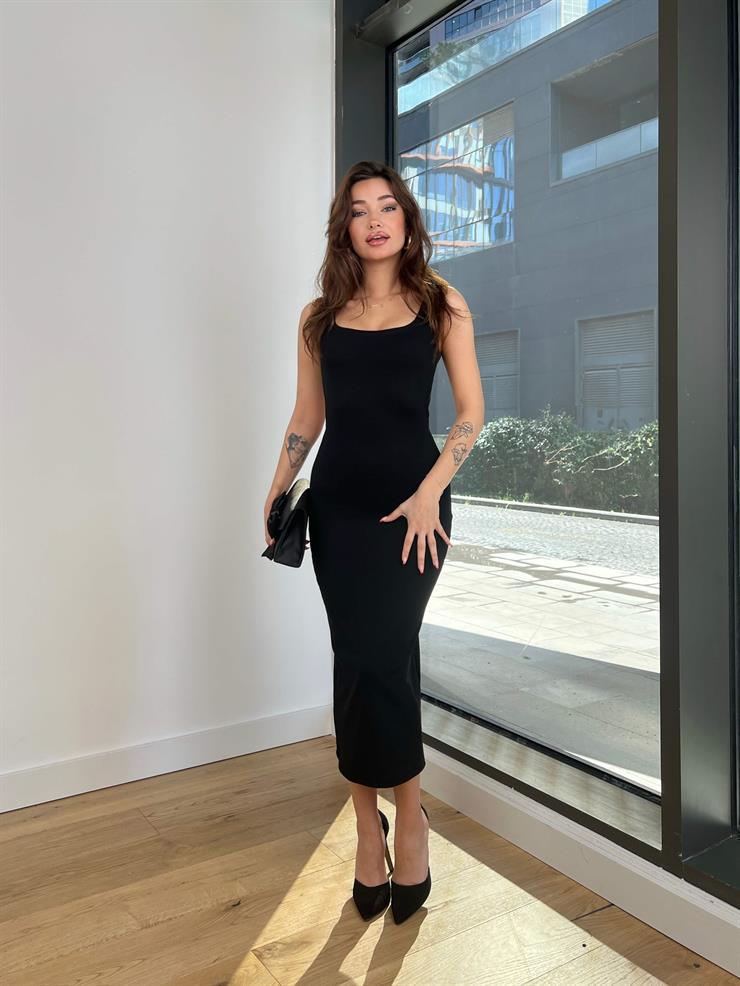 Kalın Askılı Sırt Dekolteli Telli Kadın Siyah Elbise 24Y056