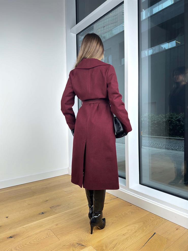 Belden Kuşaklı Tellyy Bordo Kadın Kaşe Kaban 25K423