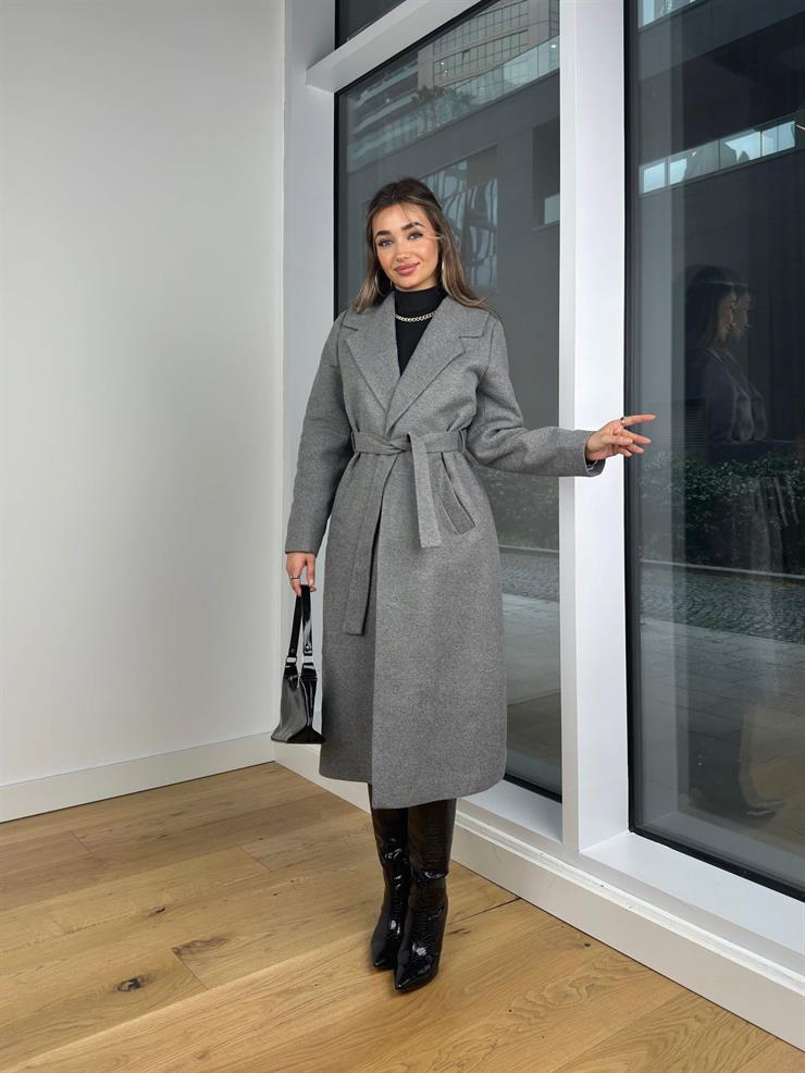 Belden Kuşaklı Tellyy Gri Kadın Kaşe Kaban 25K423