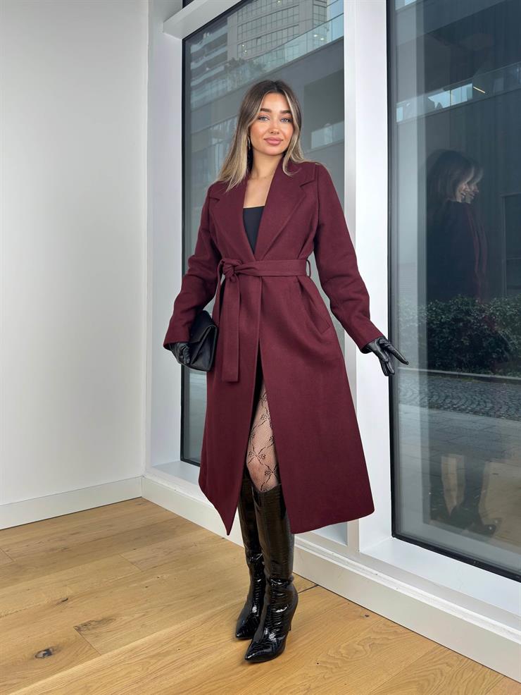 Belden Kuşaklı Tellyy Bordo Kadın Kaşe Kaban 25K423