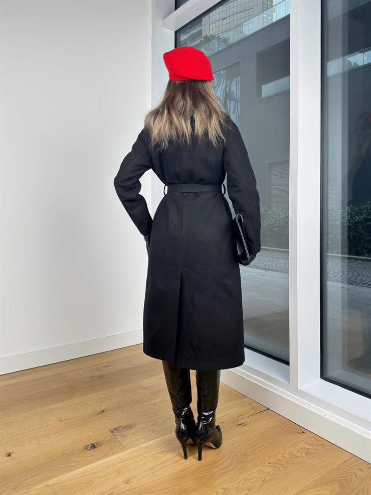 Belden Kuşaklı Tellyy Siyah Kadın Kaşe Kaban 25K423