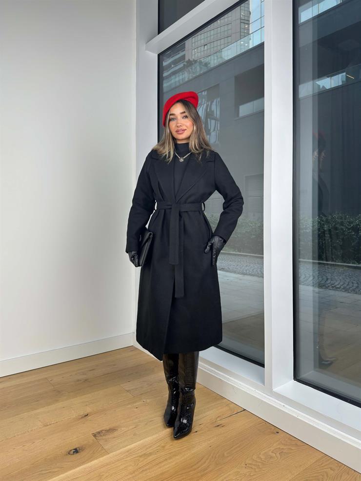 Belden Kuşaklı Tellyy Siyah Kadın Kaşe Kaban 25K423