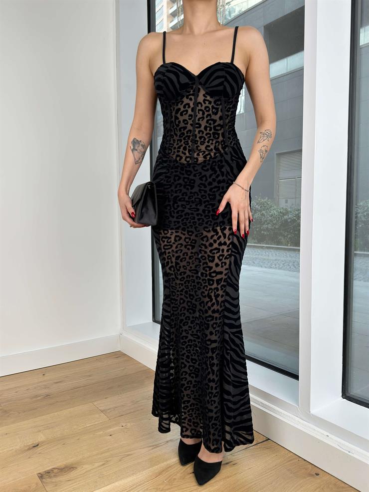 Ayarlanabilir Askılı Transparan Desenli Teo Kadın Siyah Elbise 24Y328