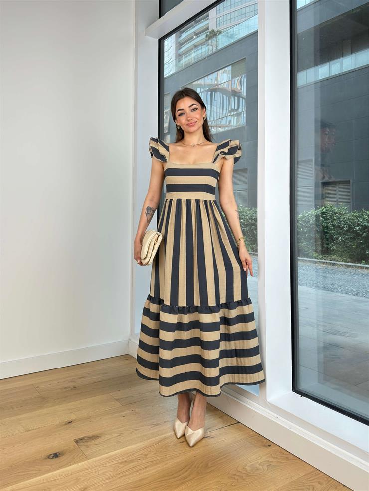 Askılı Kare Yaka Çizgili Teris Kadın Füme Elbise 24Y728