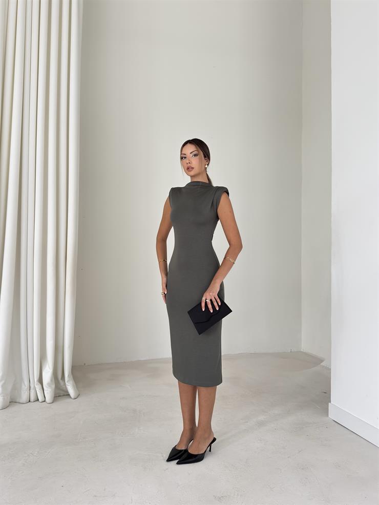 Vatkalı Yüksek Yaka Terle Haki Kadın Elbise 26K080