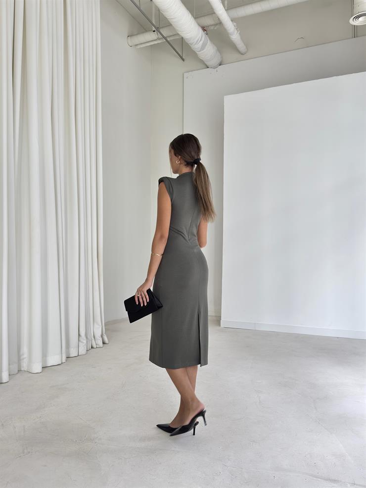 Vatkalı Yüksek Yaka Terle Haki Kadın Elbise 26K080