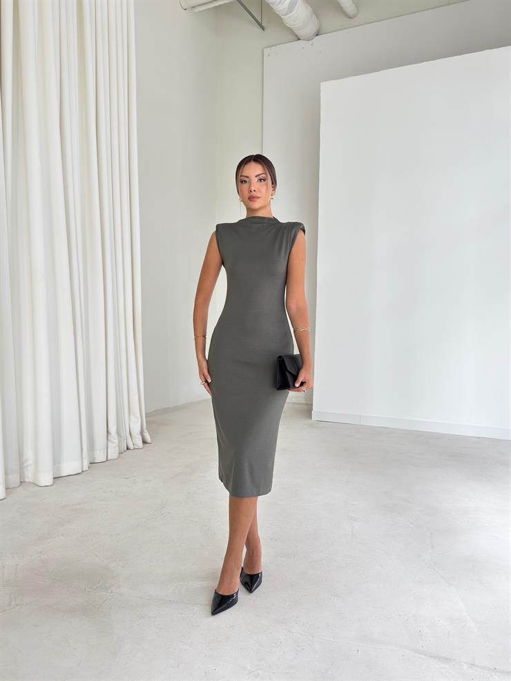 Vatkalı Yüksek Yaka Terle Haki Kadın Elbise 26K080