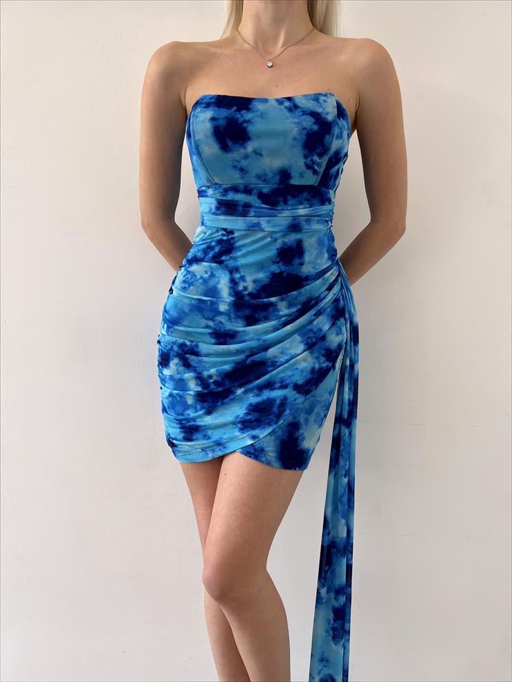 Straplez Eteği Kruvaze Arkası Drapeki Kuşak Detaylı Terra Kadın Mavi Mini Elbise 23Y000153