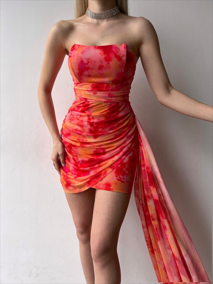 Straplez Eteği Kruvaze Arkası Drapeki Kuşak Detaylı Terra Kadın Turuncu Mini Elbise 23Y000153