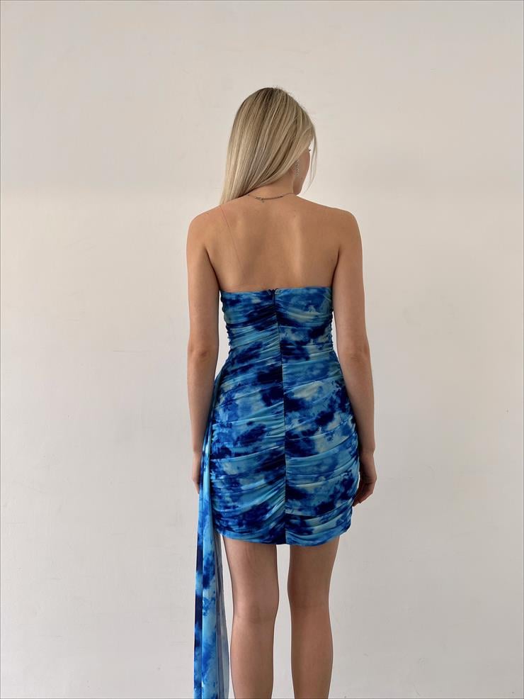 Straplez Eteği Kruvaze Arkası Drapeki Kuşak Detaylı Terra Kadın Mavi Mini Elbise 23Y000153