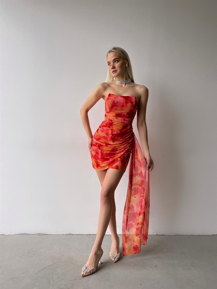 Straplez Eteği Kruvaze Arkası Drapeki Kuşak Detaylı Terra Kadın Turuncu Mini Elbise 23Y000153