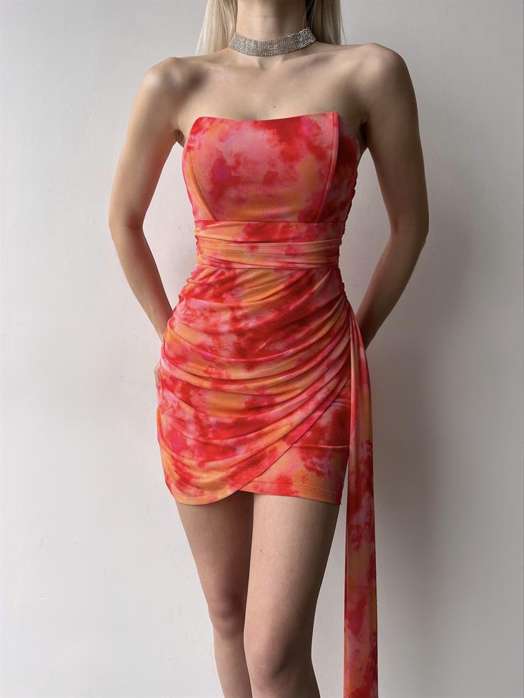 Straplez Eteği Kruvaze Arkası Drapeki Kuşak Detaylı Terra Kadın Turuncu Mini Elbise 23Y000153