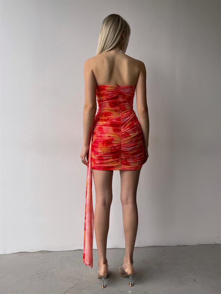 Straplez Eteği Kruvaze Arkası Drapeki Kuşak Detaylı Terra Kadın Turuncu Mini Elbise 23Y000153