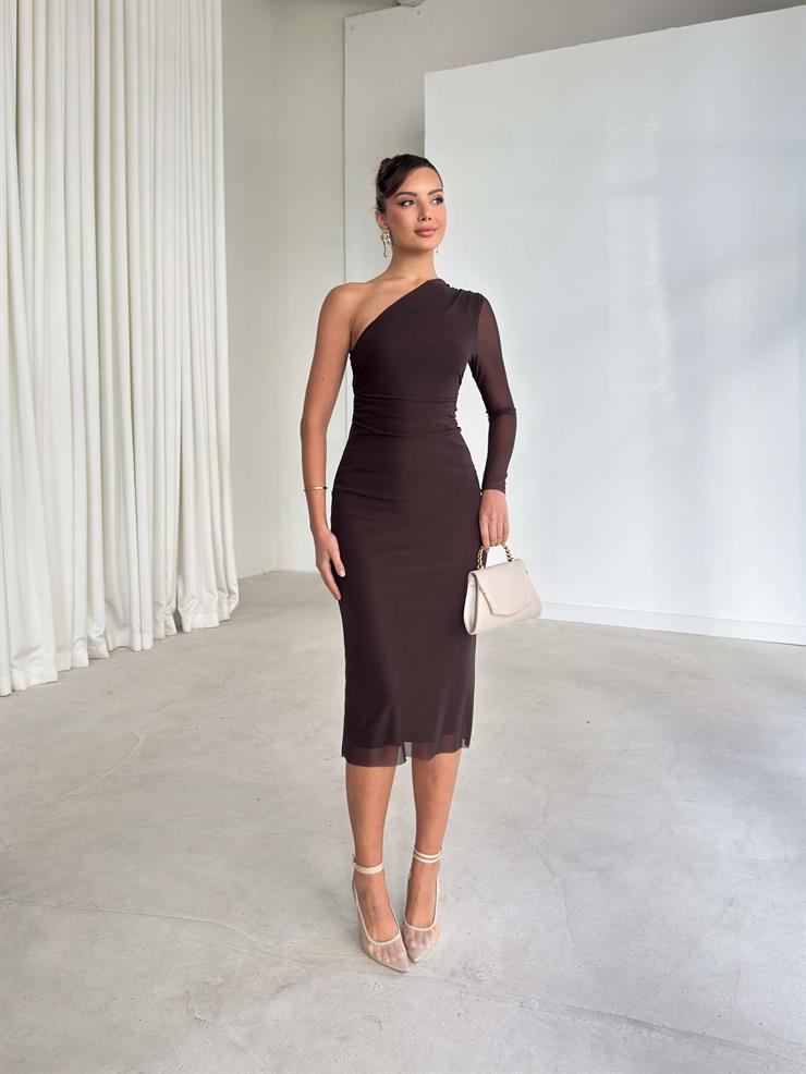 Tek Omuz Tül Drape Detaylı Terta Kahve Kadın Elbise 26K325