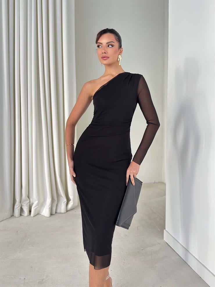 Tek Omuz Tül Drape Detaylı Terta Siyah Kadın Elbise 26K325