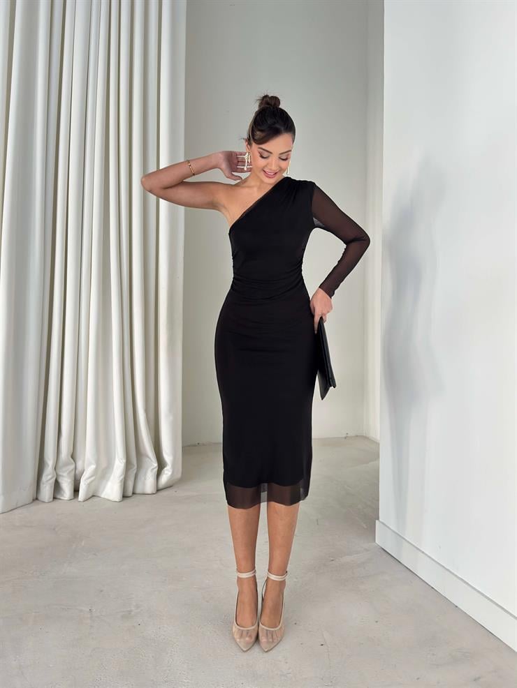 Tek Omuz Tül Drape Detaylı Terta Siyah Kadın Elbise 26K325