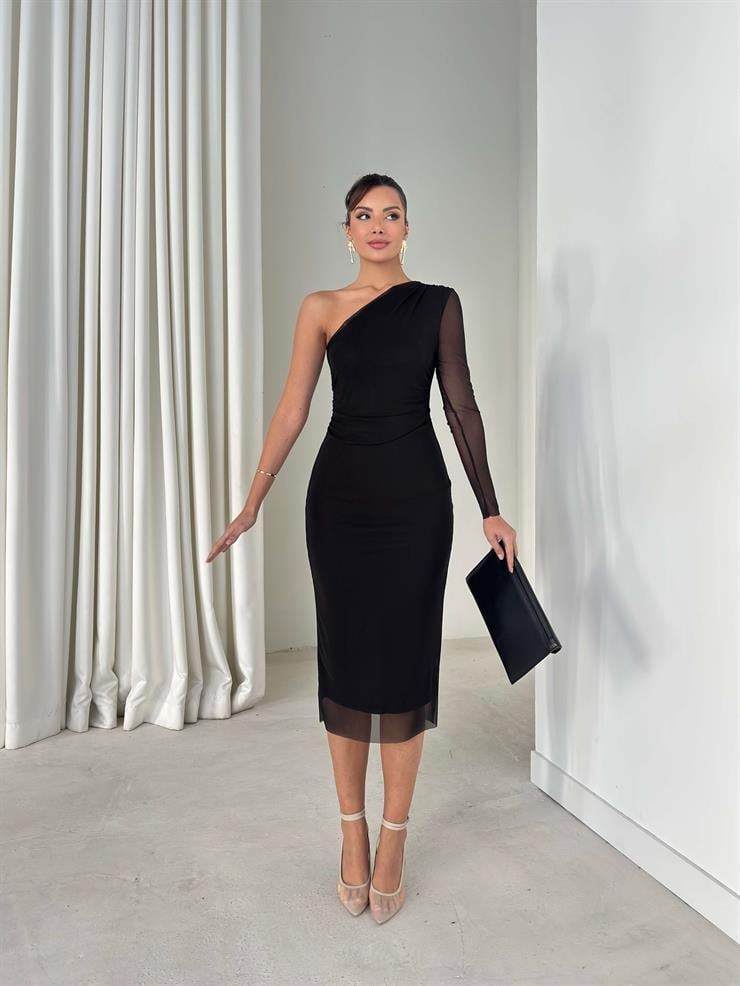 Tek Omuz Tül Drape Detaylı Terta Siyah Kadın Elbise 26K325