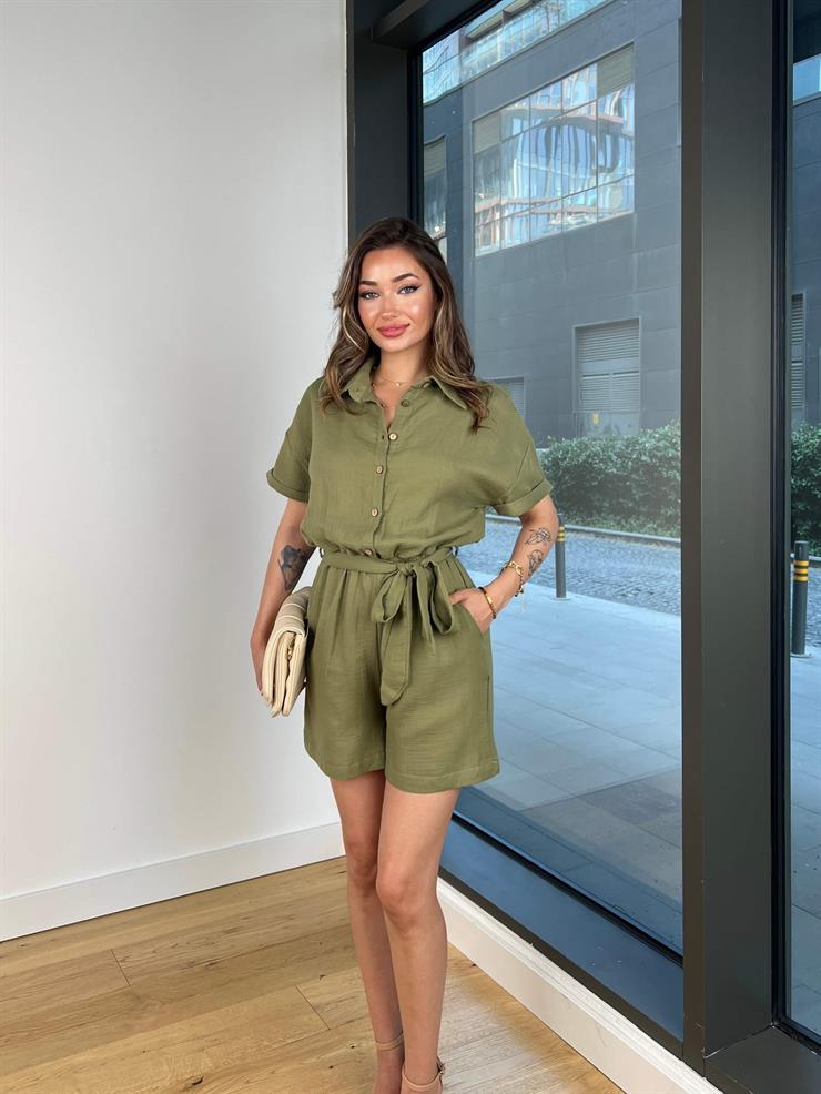 Önü Düğmeli Belden Bağlamalı Teyle Haki Kadın Şort Tulum 25Y485