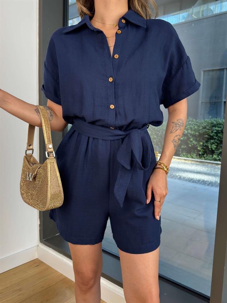 Önü Düğmeli Belden Bağlamalı Teyle Lacivert Kadın Şort Tulum 25Y485