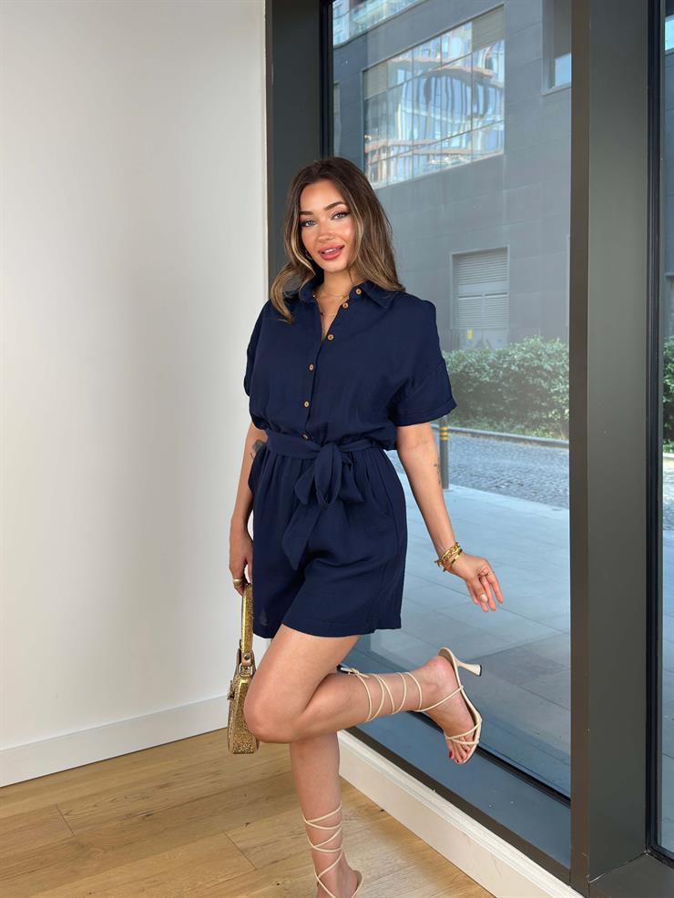 Önü Düğmeli Belden Bağlamalı Teyle Lacivert Kadın Şort Tulum 25Y485