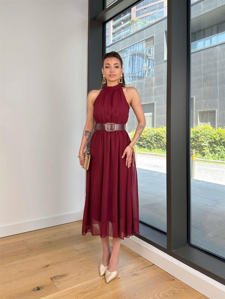 Halter Yaka Beli Kemerli Teyst Bordo Kadın Midi Elbise 25Y273