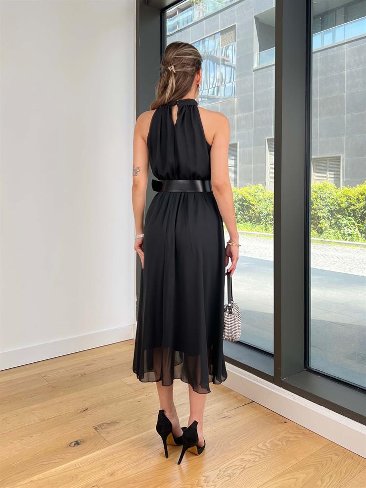 Halter Yaka Beli Kemerli Teyst Siyah Kadın Midi Elbise 25Y273