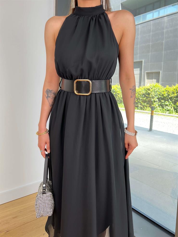 Halter Yaka Beli Kemerli Teyst Siyah Kadın Midi Elbise 25Y273