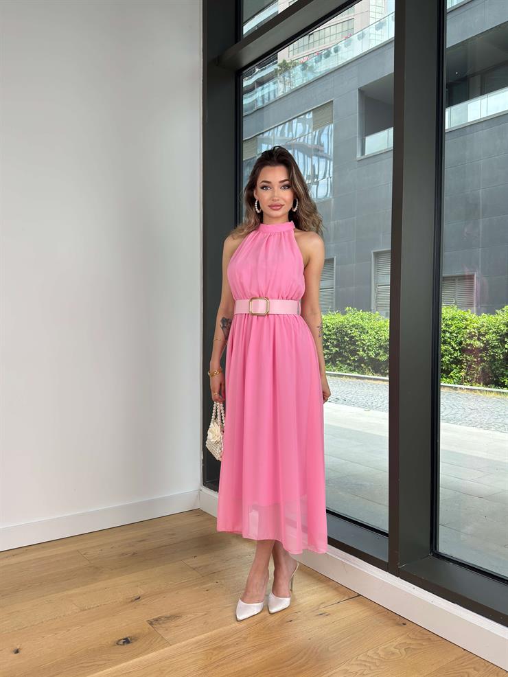 Halter Yaka Beli Kemerli Teyst Pembe Kadın Midi Elbise 25Y273
