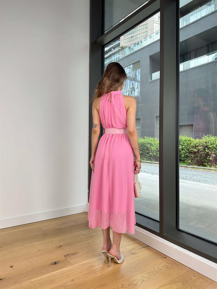 Halter Yaka Beli Kemerli Teyst Pembe Kadın Midi Elbise 25Y273