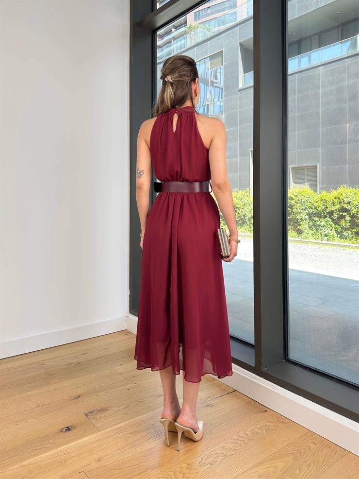Halter Yaka Beli Kemerli Teyst Bordo Kadın Midi Elbise 25Y273